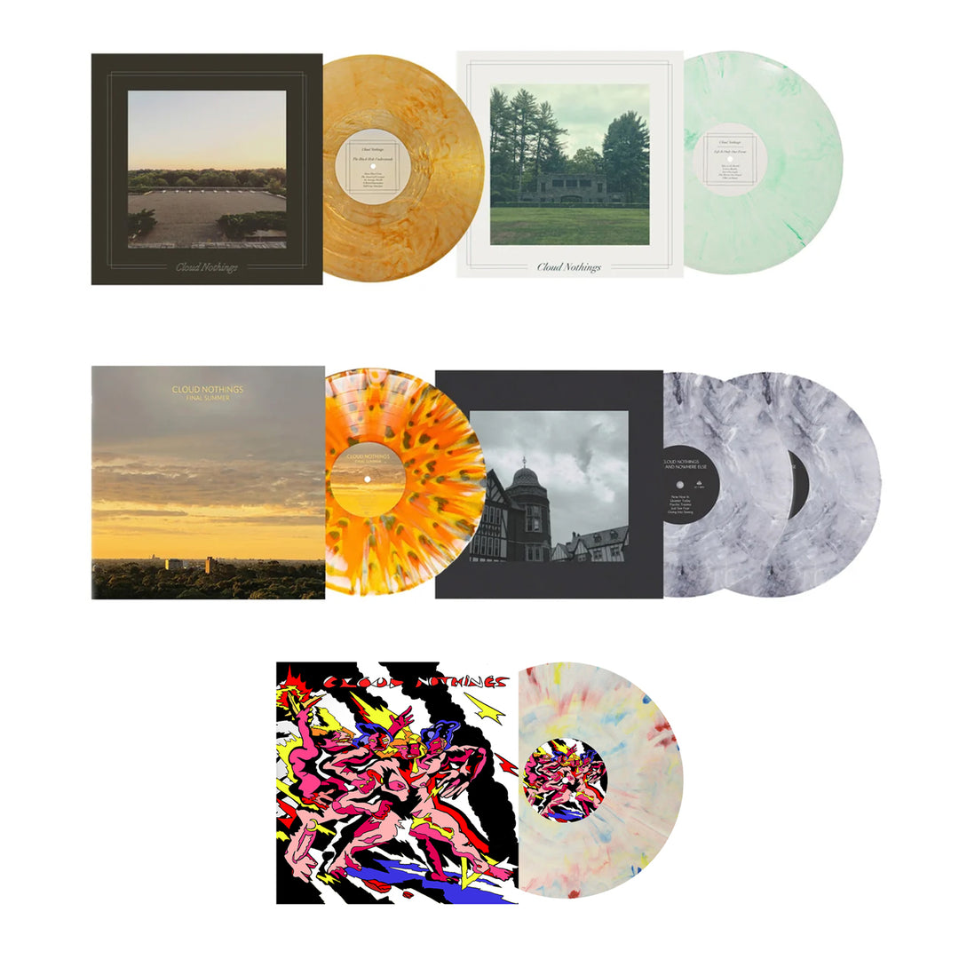 Three rows of Cloud Nothings vinyl records, including Here And Nowhere Else 10th Anniversary and The Black Hole Understands, each featuring an album cover and its corresponding colored or patterned vinyl disc.
