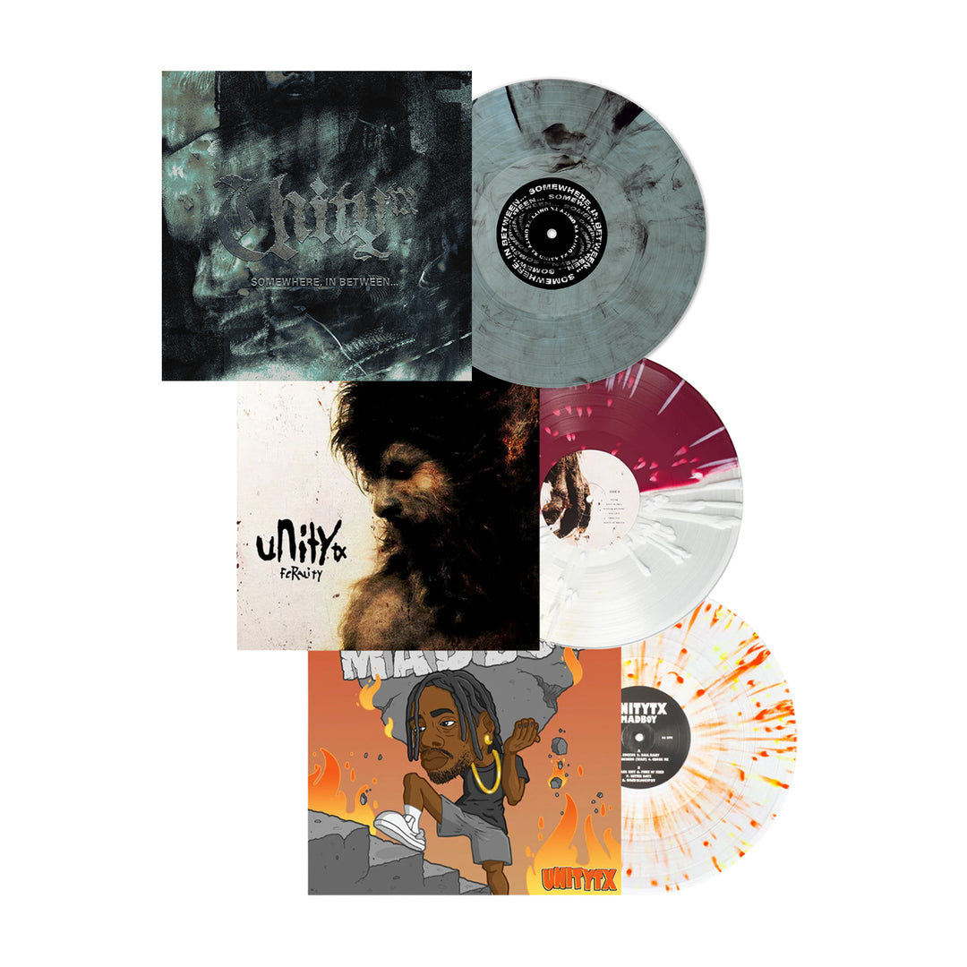 Three UNITYTX vinyl records, each with unique colored splatter patterns, are displayed with their album covers: a dark abstract design, a painted portrait, and a cartoon-style illustration—making this collection truly eye-catching.