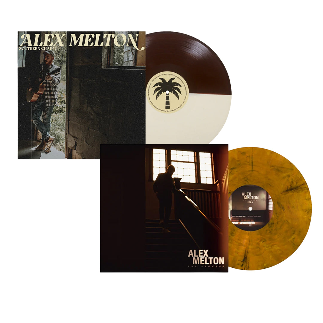 Two Alex Melton vinyl records: one half-brown, half-white Southern Charm variant featuring a cover of Alex Melton sitting on stairs, and one Tigers Eye Marble yellow marbled vinyl with a cover of him on a staircase—both showcasing bold album titles.