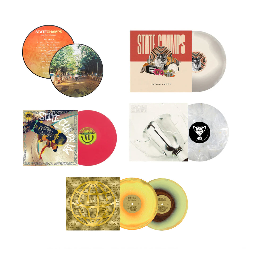 A collage of six State Champs vinyl records in clear, red, white, green, gold, and split designs—featuring unique album art and limited editions—arranged in two columns on a white background.