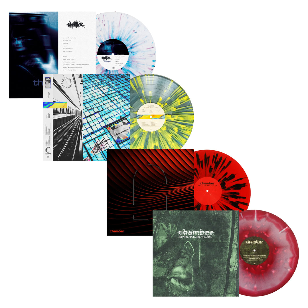 Four limited edition Chamber records with vibrant covers are displayed vertically: white magenta vinyl, yellow/blue splatter vinyl, red/black marbled vinyl, and pink/white marbled vinyl, each beside its album artwork.
