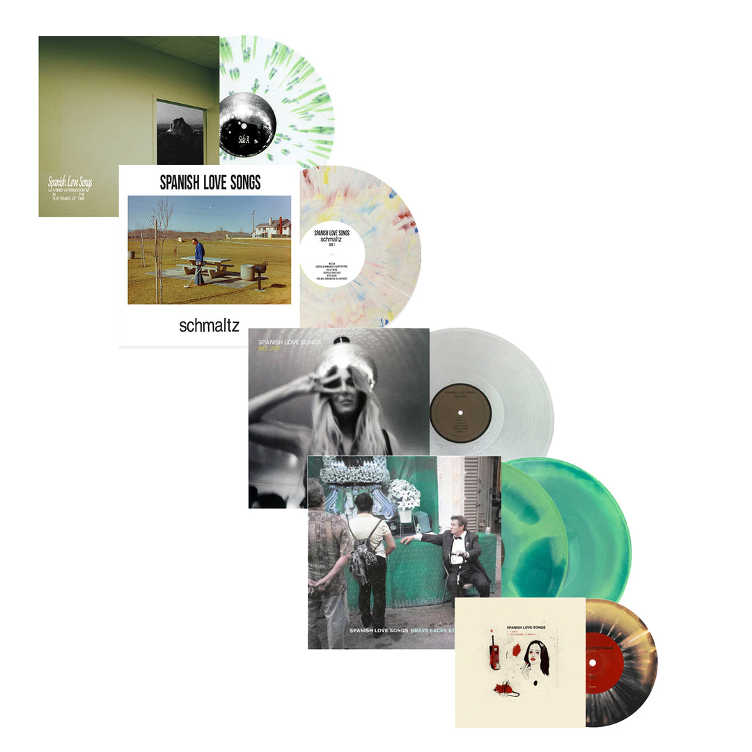 A set of five limited edition Spanish Love Songs vinyl records with colorful splatter and marble-patterned discs, each shown with its album cover and arranged diagonally on a white background.
