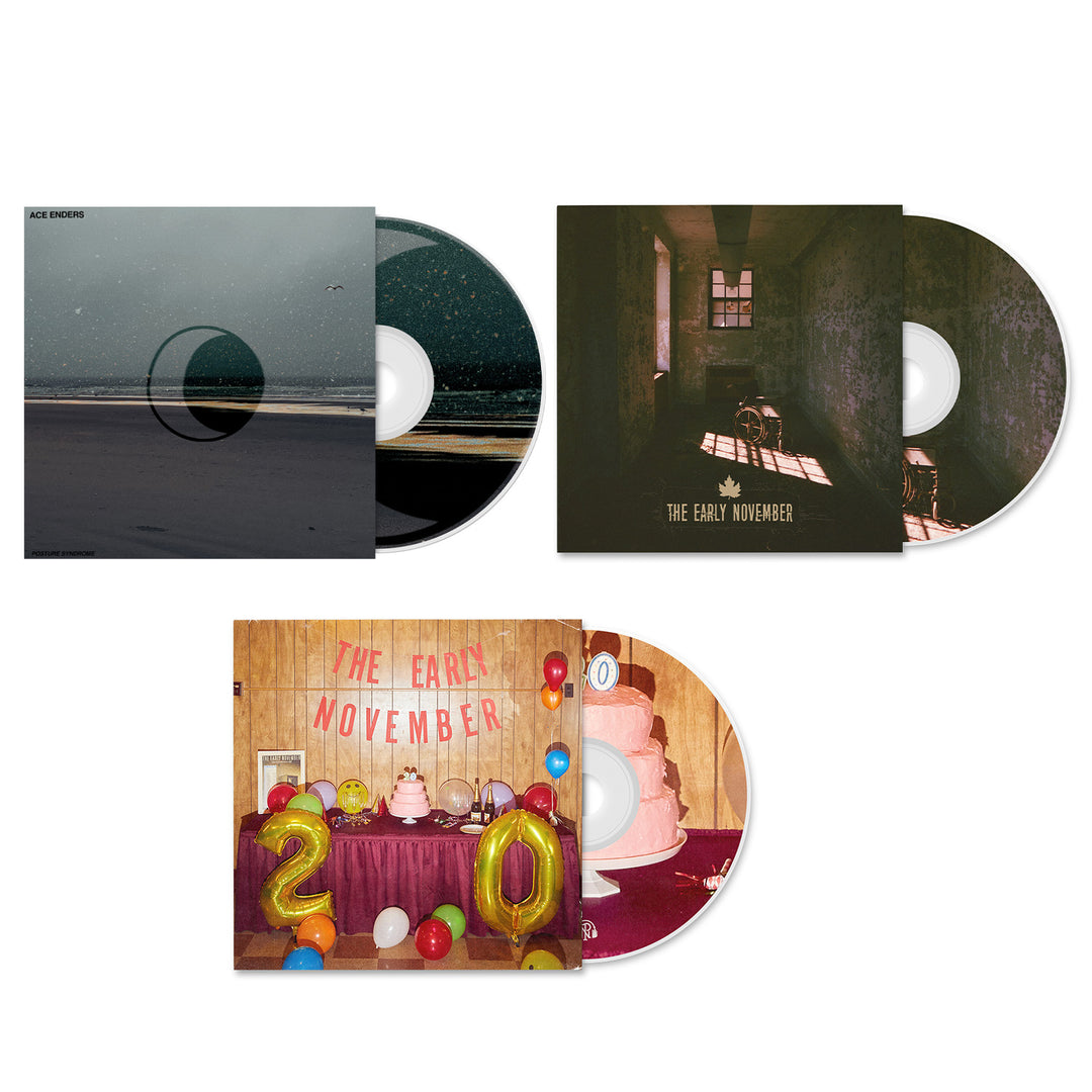 Three Ace Enders CD cases, each partially open: the top left features an abstract seaside cover, the top right depicts an empty chair in a dim room (evoking Posture Syndrome), and the bottom displays a lively birthday party scene.