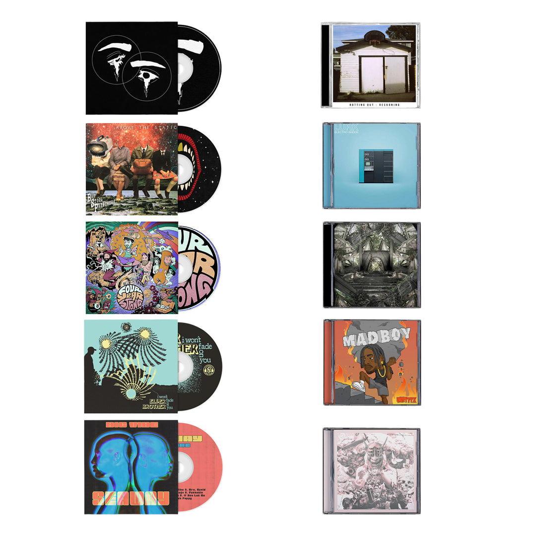 A vertical display of 10 music albums from Pure Noise Records Merch: the left column shows colorful, illustrated covers; the right highlights minimalist or monochrome designs, similar to Halo Of Hurt and Four Year Strong albums. Cases and discs are included.