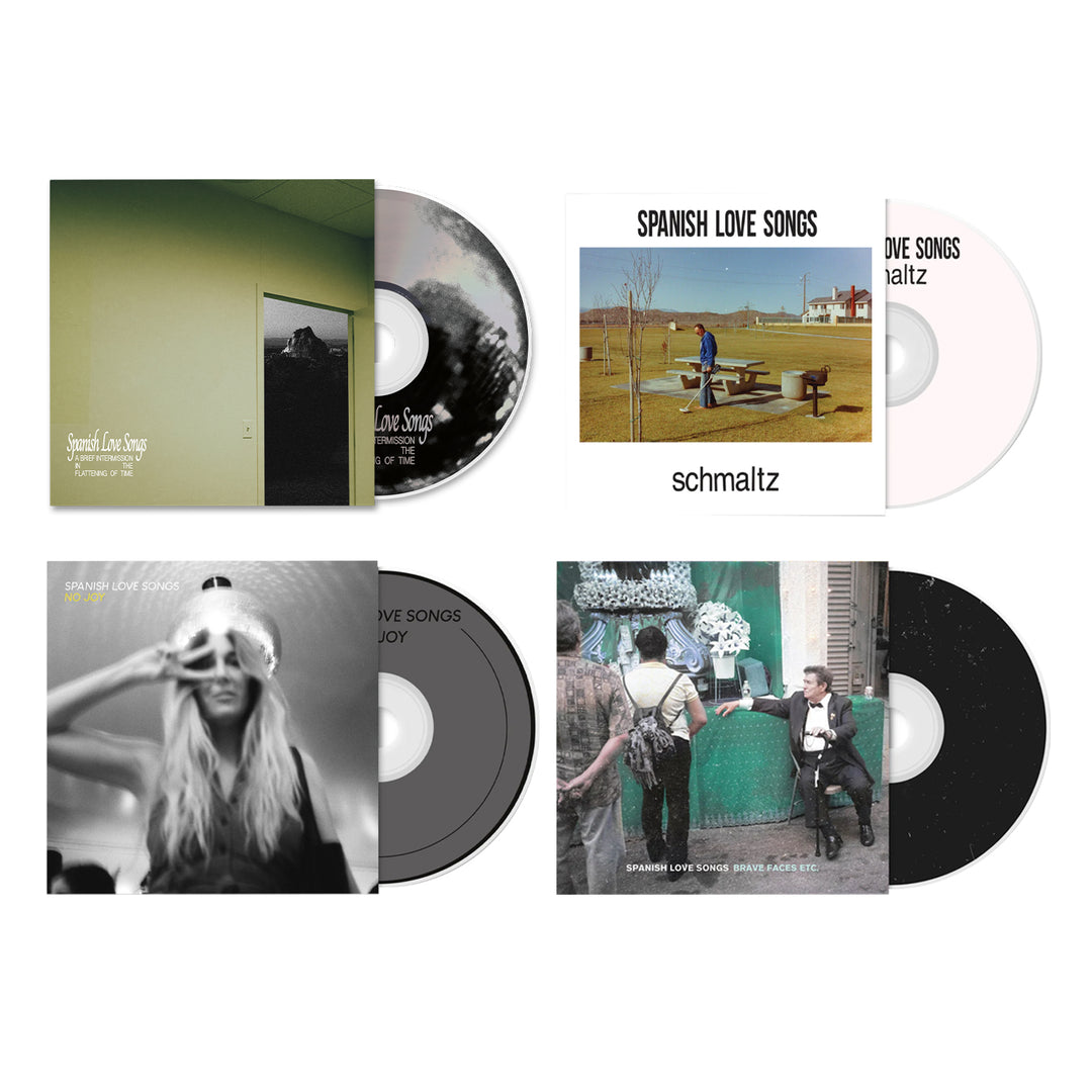 Four Spanish Love Songs albums—with cover art and CDs for Schmaltz, Giant Sings the Blues, Brave Faces Everyone, and Brave Faces Etc.—by the brand Spanish Love Songs are displayed in a grid on a white background.