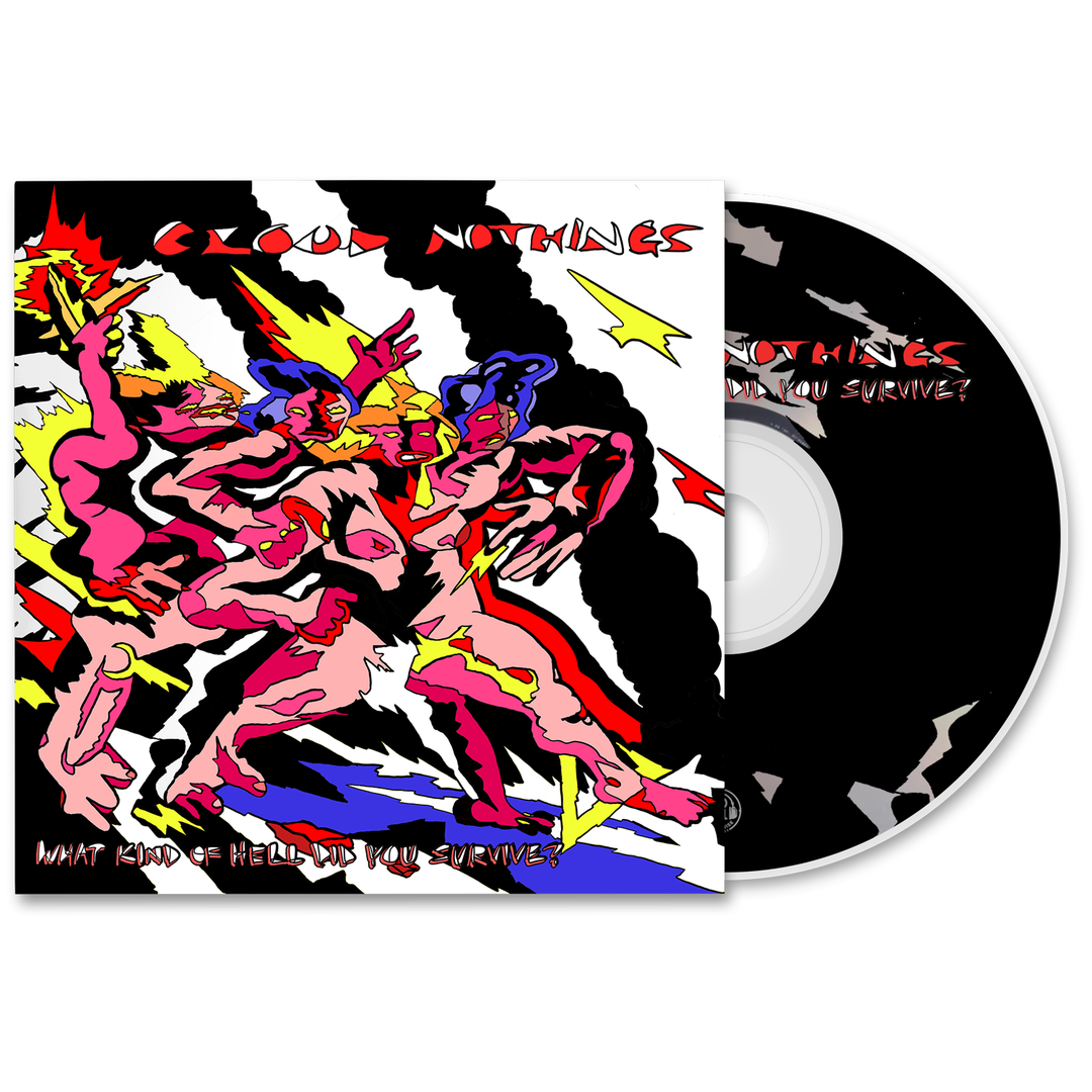 Stylized illustration of four figures in motion against a backdrop of jagged black, white, and yellow shapes, featuring the Cloud Nothings album title What Kind of Hell Did You Survive? at the bottom.
