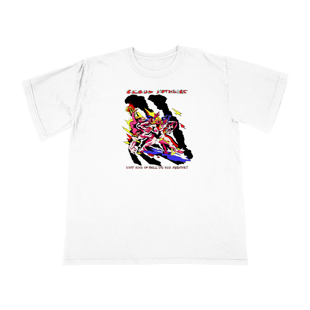 Comfort Colors t-shirt featuring stylized red and yellow figures, with Cloud Nothings at the top and What kind of hell did you survive? at the bottom.