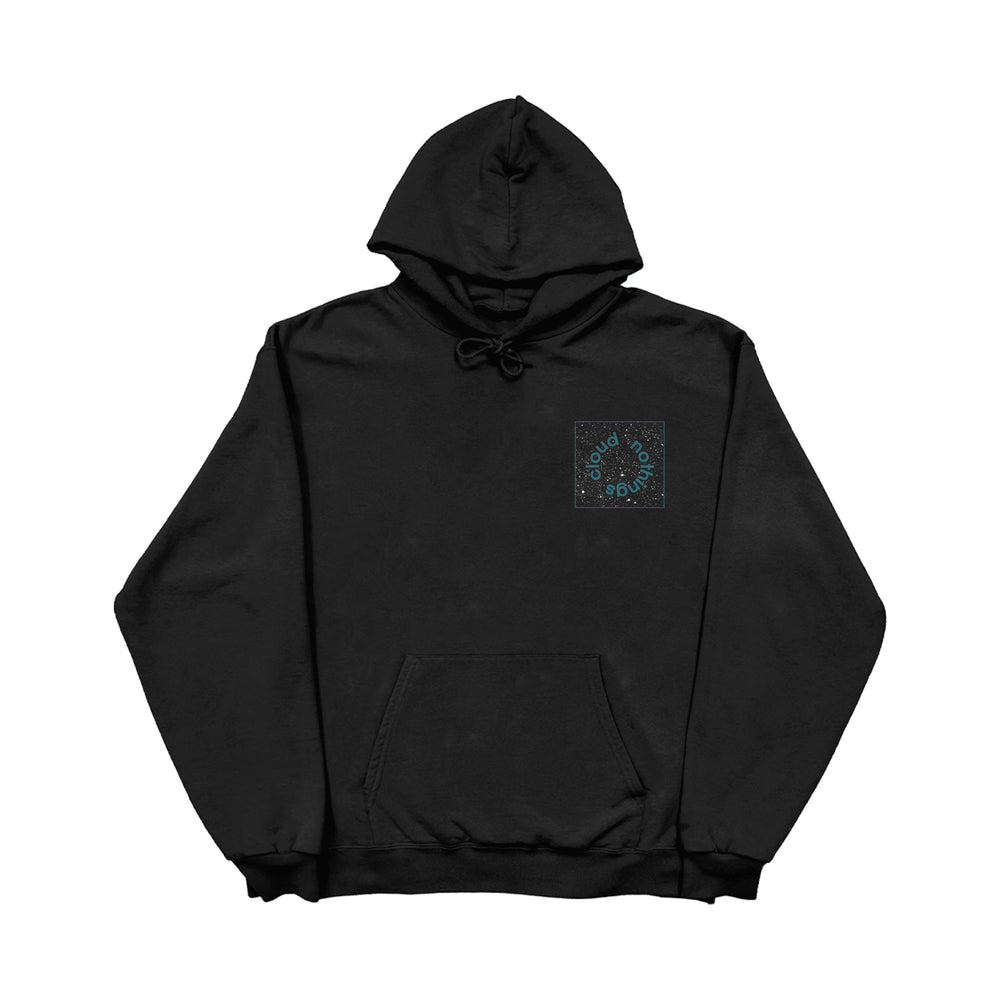 Black Lane Seven hooded sweatshirt with a small, square graphic on the left chest featuring the text cloud nothing in a circular pattern over a starry night sky design.