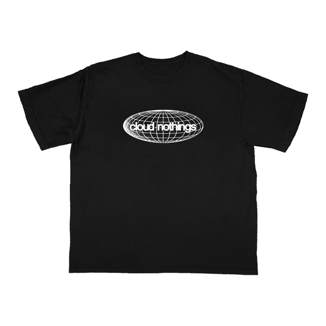 Black Comfort Colors t-shirt featuring a white wireframe globe graphic with the text cloud nothings in the center.
