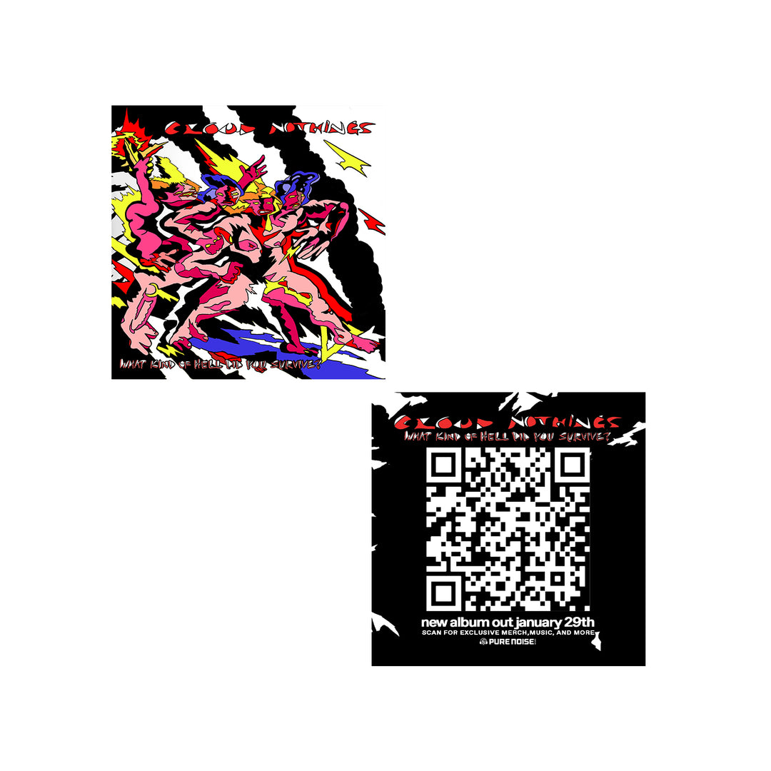 Album art for Cloud Nothings What Kind of Hell Did You Survive? featuring a colorful, stylized illustration of figures in motion alongside a QR code promoting the new album.