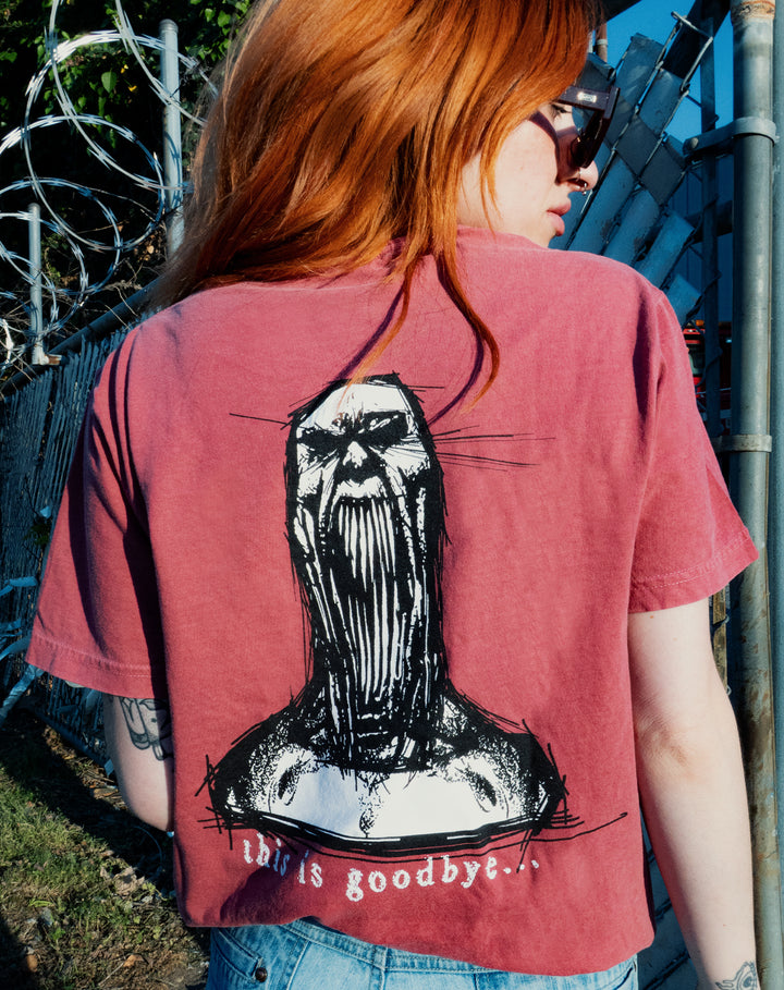 A person with long red hair and sunglasses stands by a chain-link fence, wearing a pink Chamber Comfort Colors tee with a graphic of a screaming figure and “this is goodbye…” printed on the back.