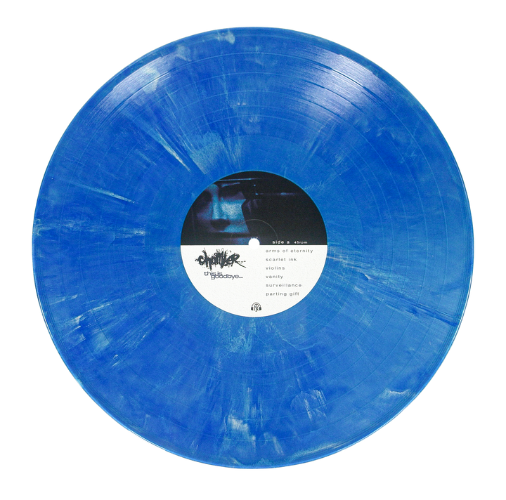 A metallic blue marble vinyl record with a center label listing side A tracks including Arms of Eternity, Scarlet Ink, and Violins.
