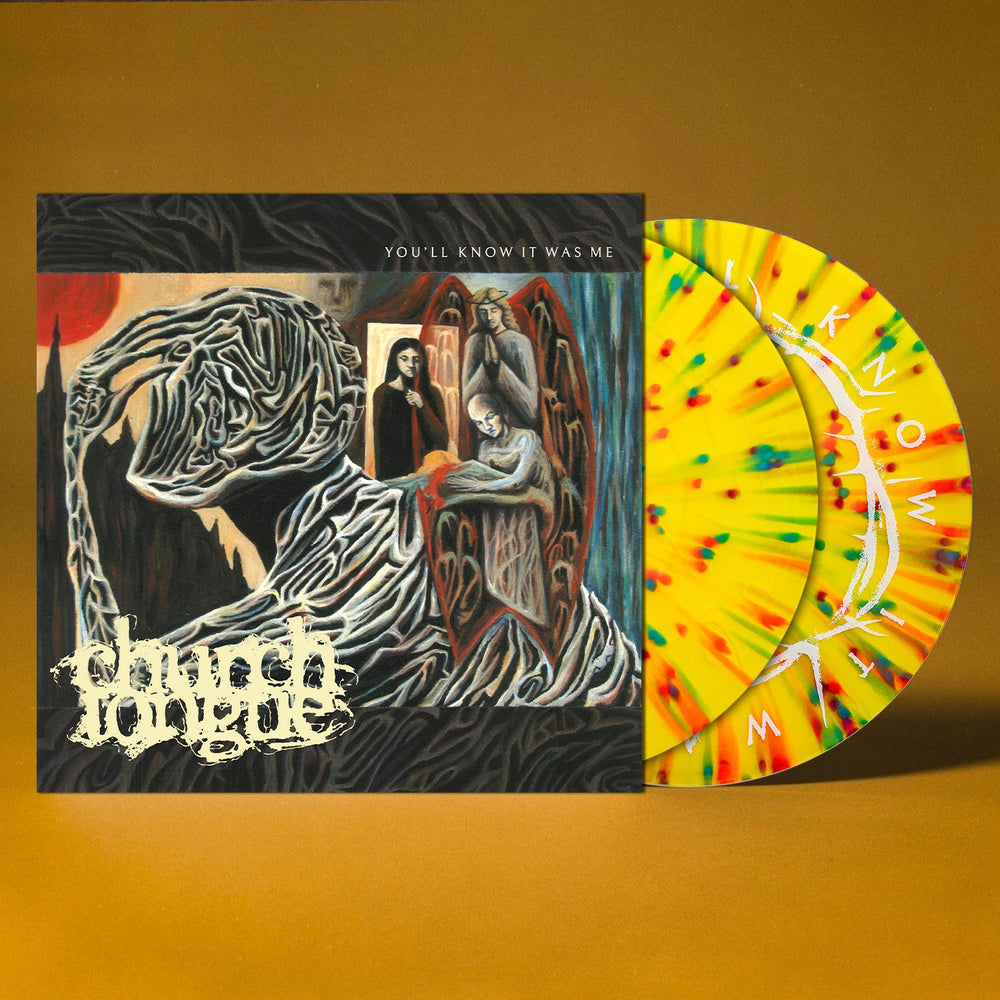 A vinyl record by Church Tongue with a yellow and heavy pink base, red and green splatters, partially out of its sleeve. The abstract sleeve art shows ghostly figures and two people in a dark fantasy setting with YOULL KNOW IT WAS ME text.