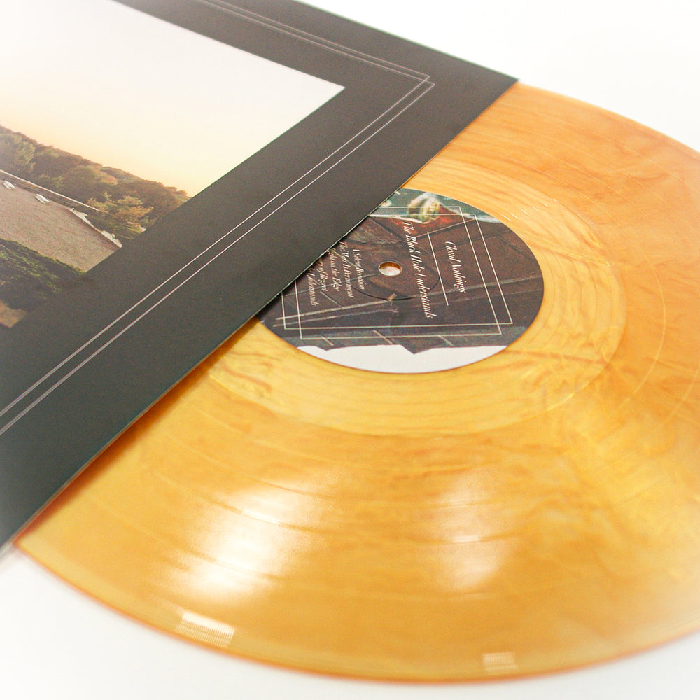A golden-yellow marbled vinyl record of Cloud Nothings Black Hole Understands partially slides from a black album cover with a landscape photo, revealing the center label.