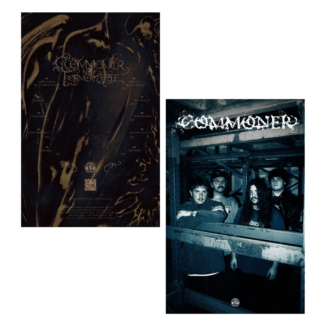 Double sided poster set: One side features dark abstract art with ornate text, while the other showcases four people standing close together in an industrial setting, highlighted by the word COMMONER in bold white text at the top. Each 11x17 poster offers a striking double sided print for versatile display.