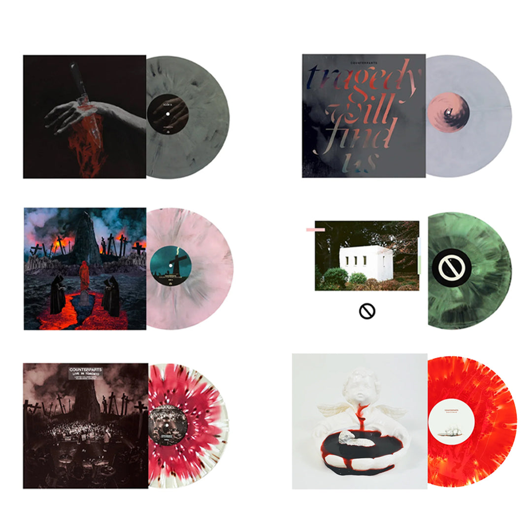 Counterparts limited edition vinyl bundle features six records in unique colored patterns—each partly inspired by abstract or artistic album covers, including Tragedy Will Find Us—arranged in a stylish 2x3 grid.
