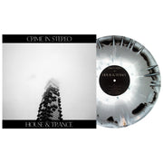 Crime In Stereo House & Trance Vinyl LP. Album Art depicts a sky scraper getting lost in the clouds. vinyl color is white, silver & black aside/bside with white splatter. 