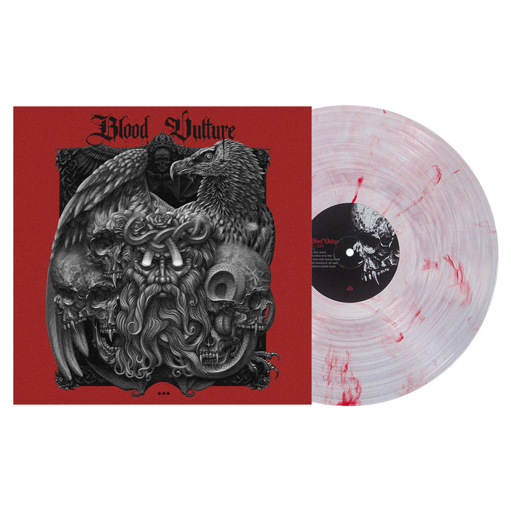 Blood Vulture limited edition vinyl featuring black-and-white art of a bearded figure, skulls, and a bird, next to a clear record with red bloodshot marble splatter.