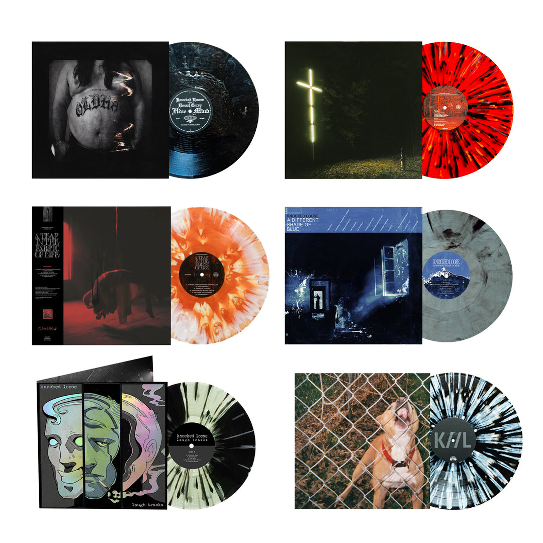 This limited edition vinyl bundle features six records with unique splatter designs and their respective album covers, each showcasing dark and abstract imagery. Arranged in two rows of three on a white background, these exclusive releases are available for preorder.