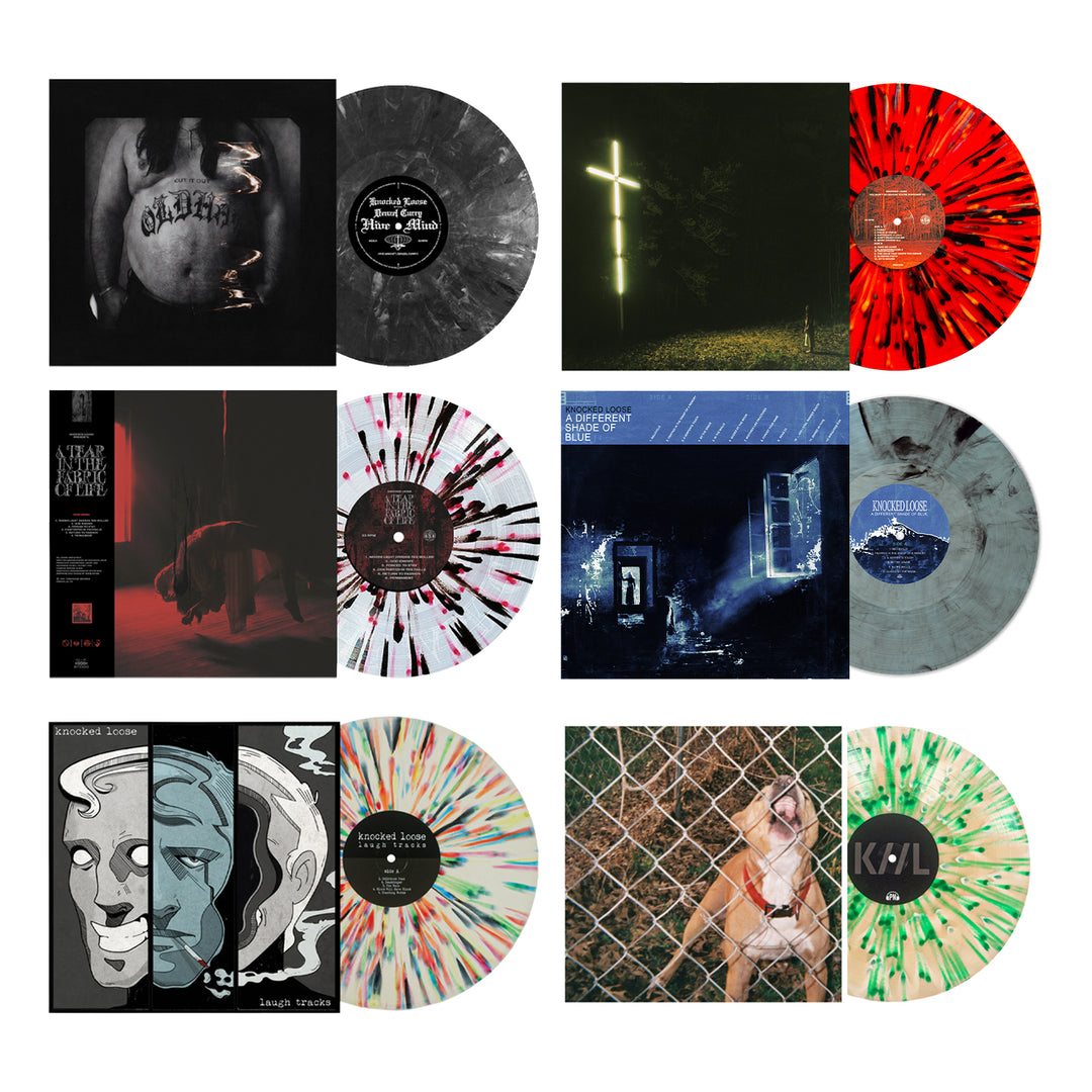 A grid of nine Knocked Loose vinyl records, including Hive Mind and A Tear In The Fabric Of Life, each with its album cover. Records feature marbled and Blood Red Rainbow Splatter patterns paired with bold cover art.