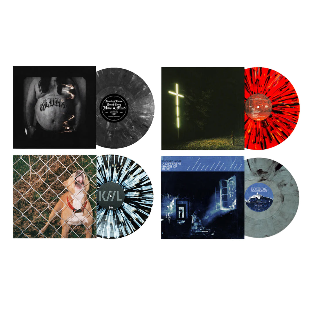 Four vibrant splatter vinyl records from Knocked Loose—including "You Won’t Go Before You’re Supposed To"—each partly covers album art of a tattooed torso, glowing cross, dog behind a fence, and neon-lit night street.