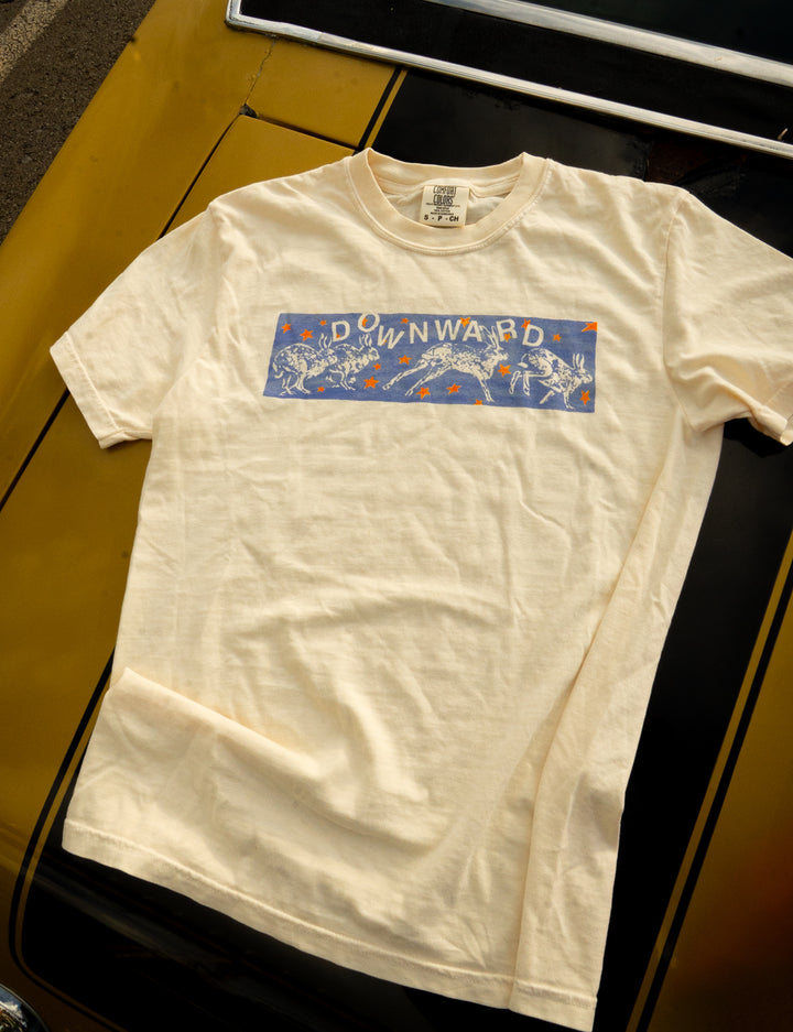A white Comfort Colors t-shirt by DOWNWARD, featuring a blue "DOWNWARD" graphic and playful dinosaur illustrations, laid flat on the hood of a yellow car.