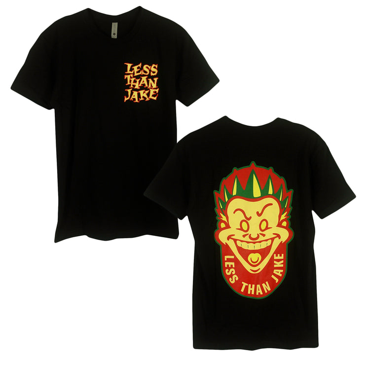image of the front and back of a black tee shirt on a white background. front is on the left and has a small right chest print in yellow with red outline that says less than jake. back on the right has full print in red, yellow and green of a male face with spiked hair. arched up at the bottom says less than jake