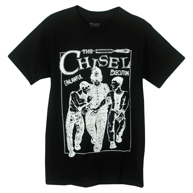 image of a black tee shirt on a white background. tee has full body priunt in white that says the chisel, unlawful execution, with a policeman walking with two convicts.