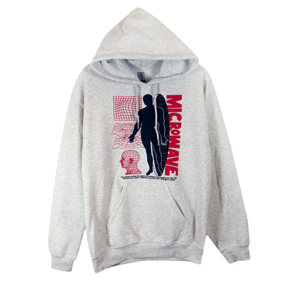 image of an ash grey pullover hoodie on a white background. front has black and red print of a silhouette with a surf board. vortex lines on the left and microwave vertical on the right