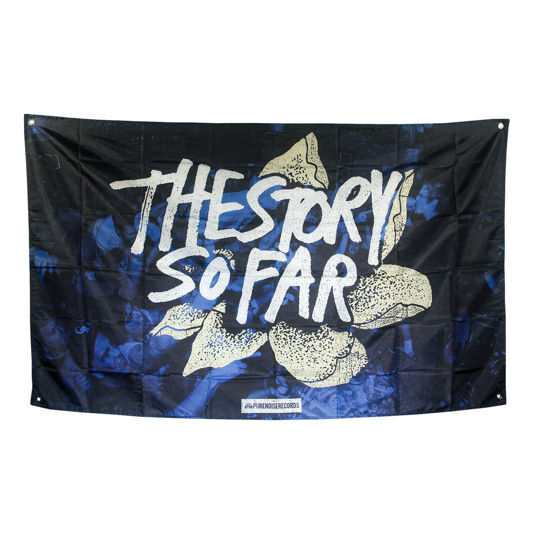 A black 3x5 banner from The Story So Far, designed with blue accents and bold white text displaying the band name above an illustration of potato chips.