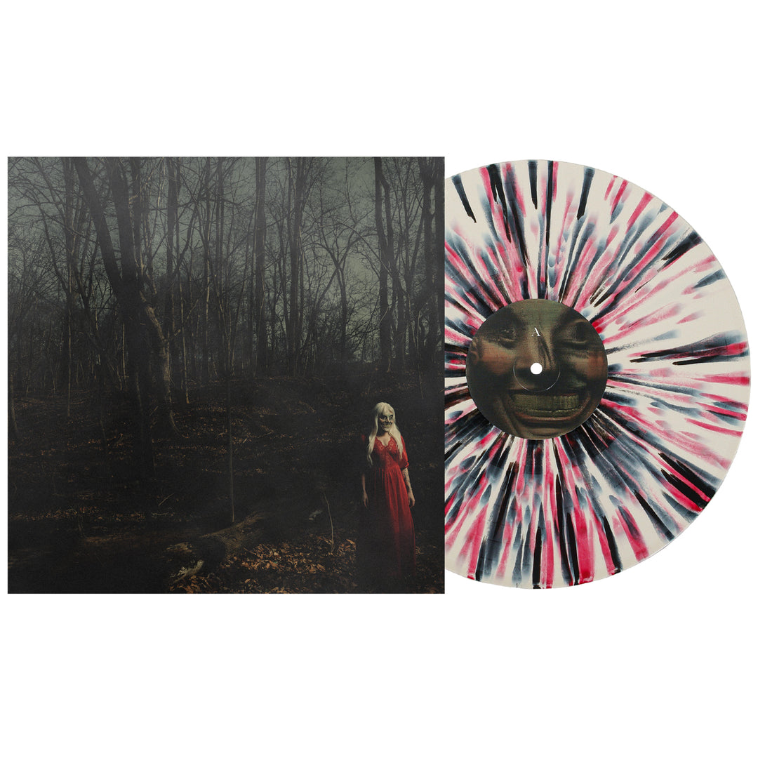 A square album cover featuring a person in a red dress in a dark forest, beside a bone vinyl with a pink and black starburst design and a center label showing a distorted face.