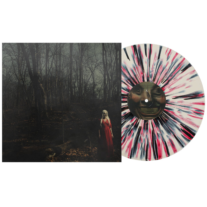 A square album cover featuring a person in a red dress in a dark forest, beside a bone vinyl with a pink and black starburst design and a center label showing a distorted face.