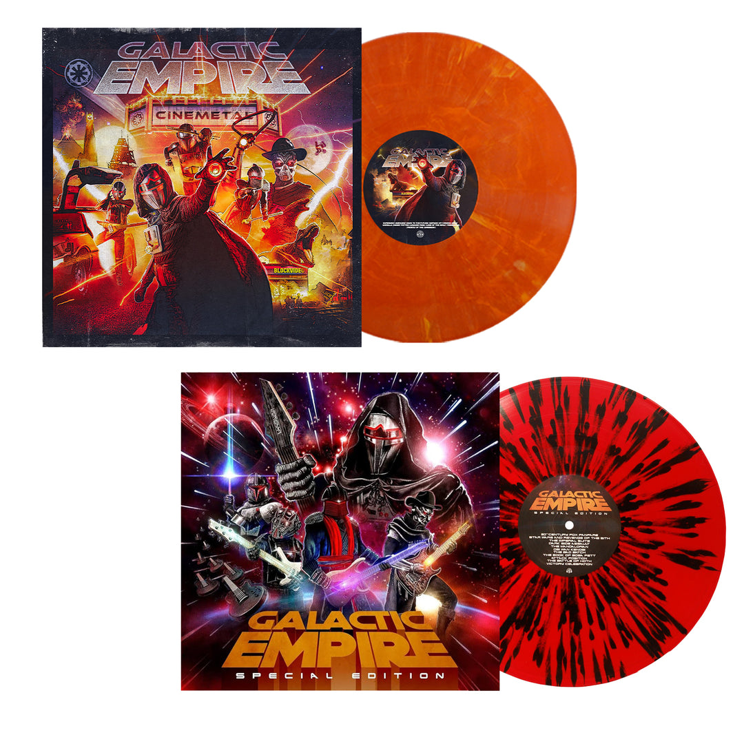 Two Galactic Empire vinyl records are displayed: one orange with swirls, the other red with black splatter. Both feature vibrant sci-fi themed covers showcasing masked figures under dramatic lighting effects.