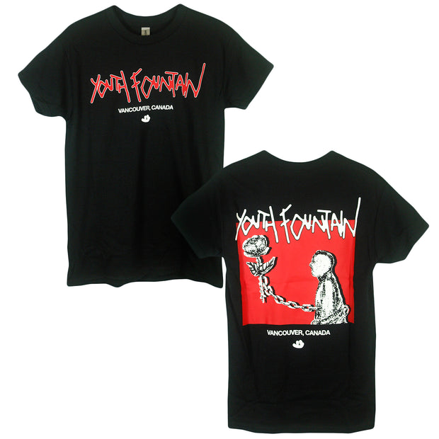 image of the front and back of a black tee shirt on a white background. front is on the left and has a center chest print that says youth fountain vancouver, canada. back is on the right and has a full back print of a red square. inside the square is black and white print of a flower chained to a mean kneeling. youth fountain vancouver, canada is also written 