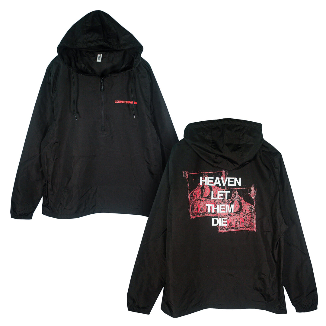 Counterparts black lightweight pullover jacket shown front and back. Features small red "COUNTERPARTS" text on left chest; back displays large white "HEAVEN LET THEM DIE" over a distressed red graphic.