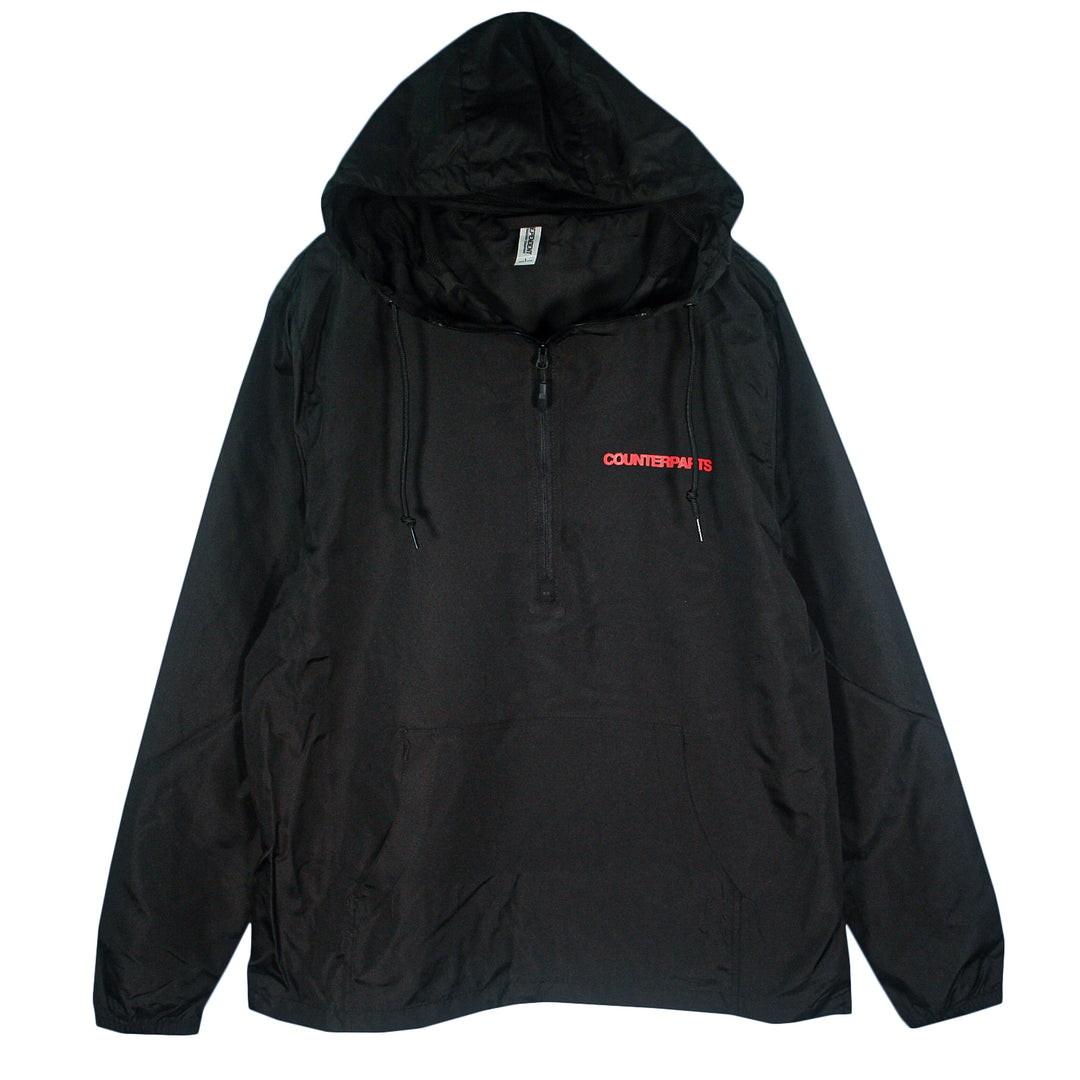 This black, lightweight Counterparts pullover features a front half-zip and bold red COUNTERPARTS text on the left chest, blending style and function in a sleek quarter-zip windbreaker.