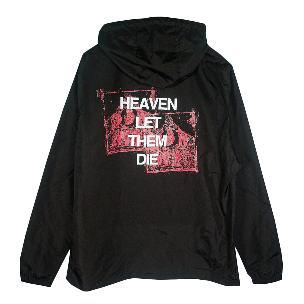 The Counterparts black lightweight hooded pullover features red graphic art and bold white "HEAVEN LET THEM DIE" text on the back. This quarter-zip windbreaker is shown laid flat on a white background.