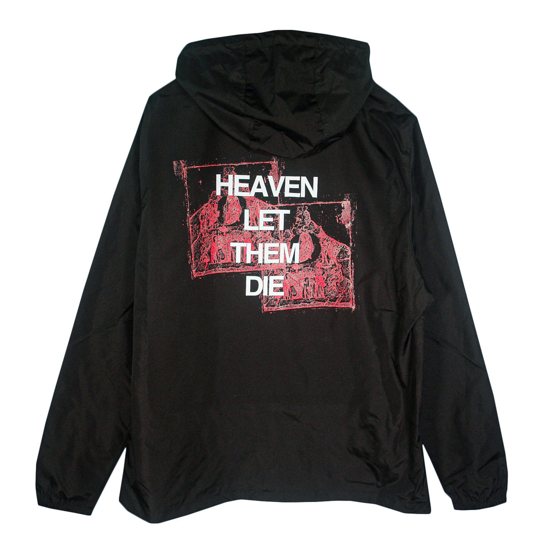 The Counterparts black lightweight hooded pullover features red graphic art and bold white "HEAVEN LET THEM DIE" text on the back. This quarter-zip windbreaker is shown laid flat on a white background.