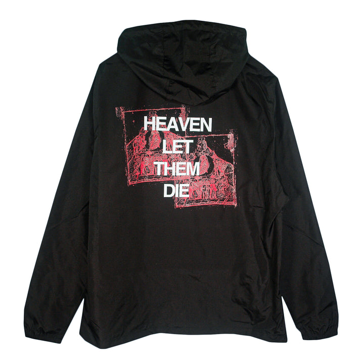 The Counterparts black lightweight hooded pullover features red graphic art and bold white "HEAVEN LET THEM DIE" text on the back. This quarter-zip windbreaker is shown laid flat on a white background.