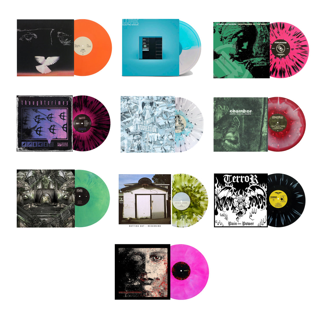 Pure Noise Records Merch offers a vibrant bundle of twelve colorful vinyl records, each with unique splatter effects and diverse album artwork, featuring 1st pressings and eye-catching designs.