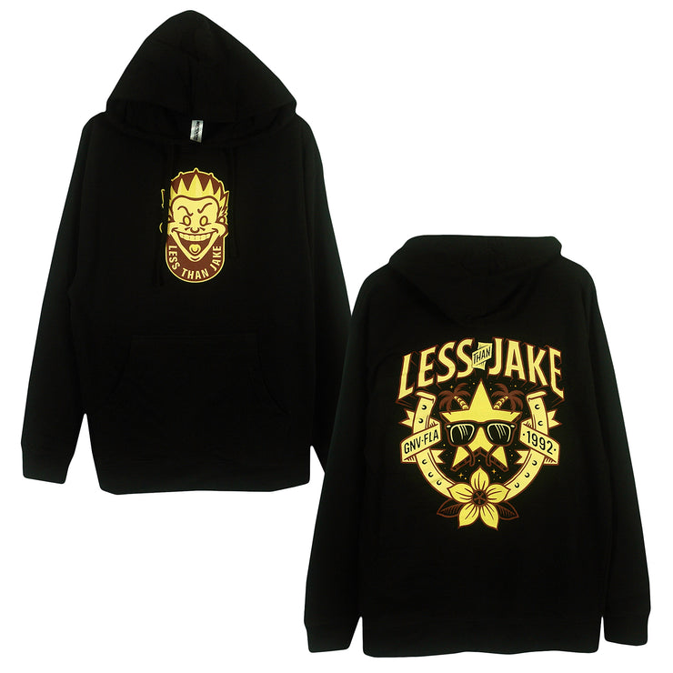 image of the front and back of a black pullover hoodie. front on the left has a small center chest print in yellow and brown of a spikey haired male face. arched up at the bottom says less than jake. back on the right has full back print that says less than jake. star with sunglasses, horseshoe , palm trees and flowers below.