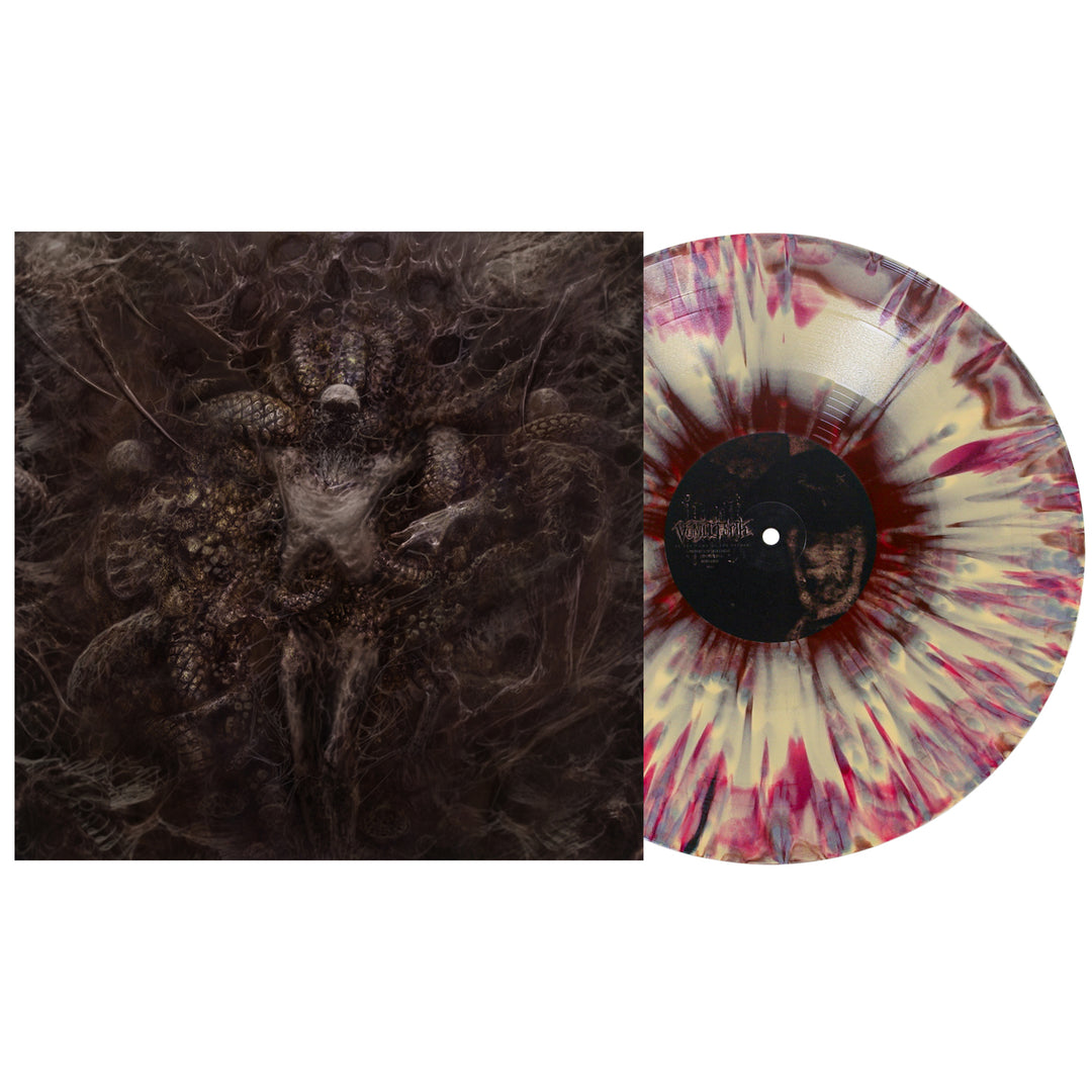 A colored splatter vinyl with cream, red, and black patterns from Vomit Forth sits beside an album cover featuring a dark, abstract, and intricate creature-like design—an ideal collector's piece to secure during the presale of this unique edition.