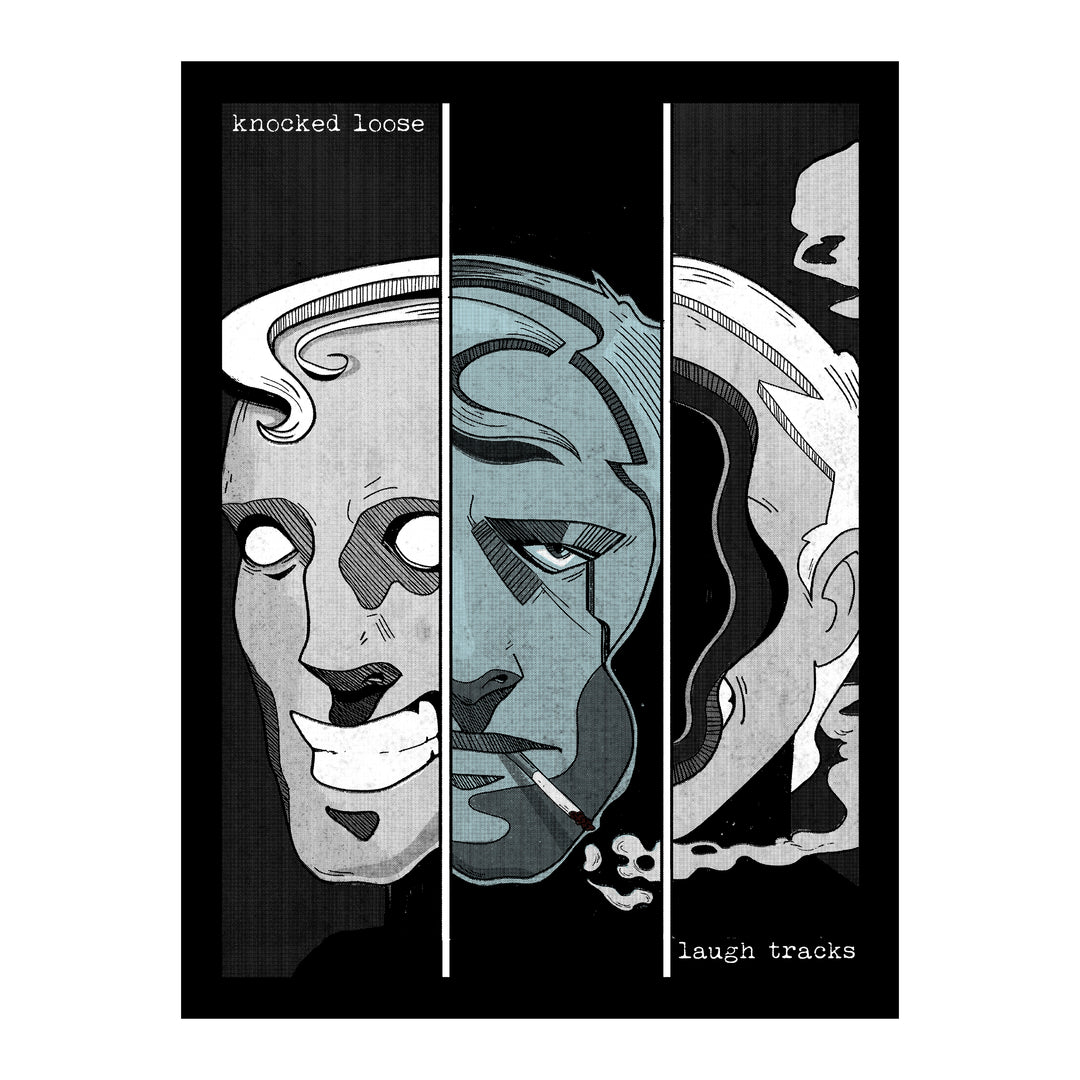 Stylized illustration of a fragmented face showing three expressions, with text knocked loose at top left and laugh tracks at bottom right, on a black background—this presale item is set to ship soon.