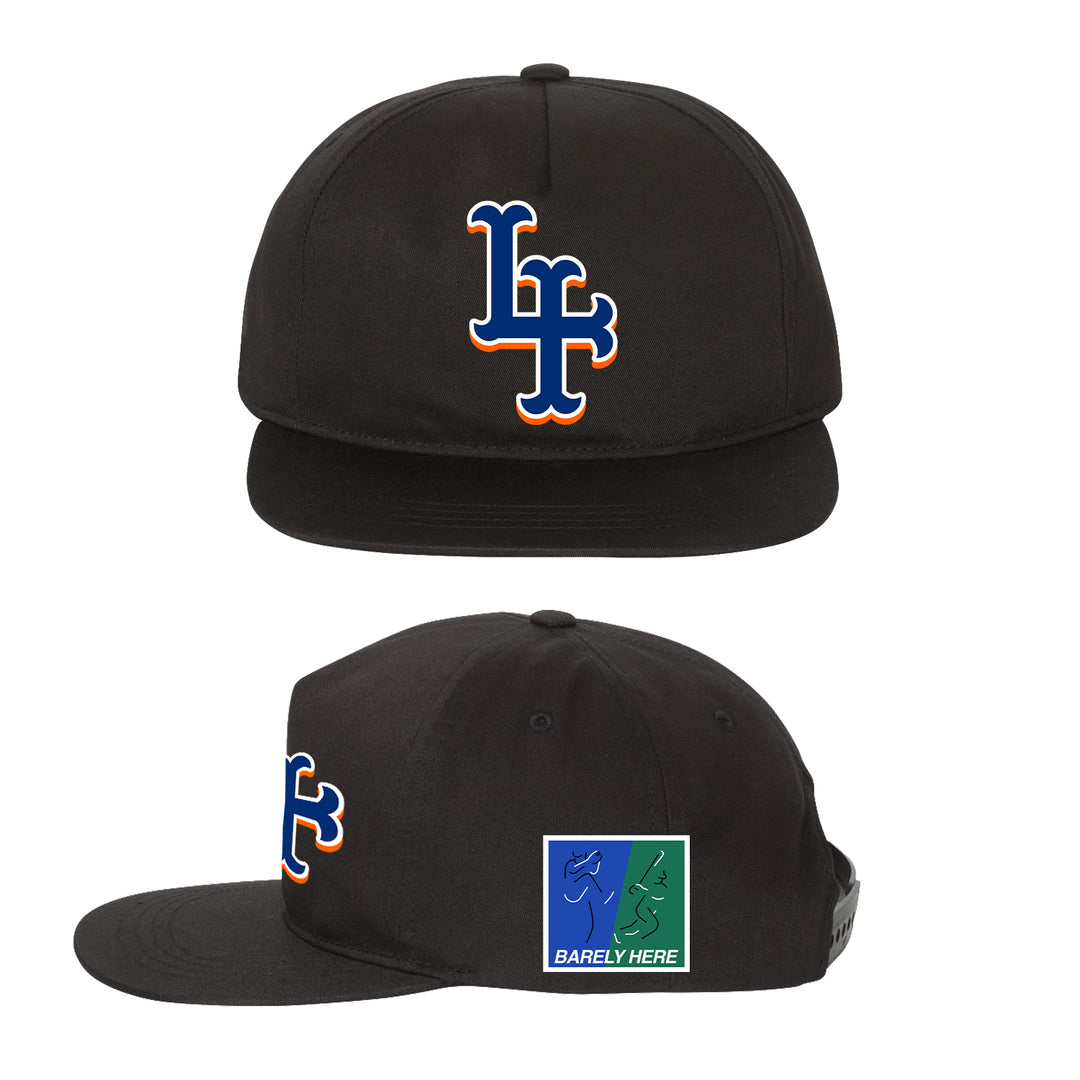 This black KOYO snapback features a stylized LF logo in white, orange, and blue on the front plus a side patch with abstract green and blue animals and "BARELY HERE" text.