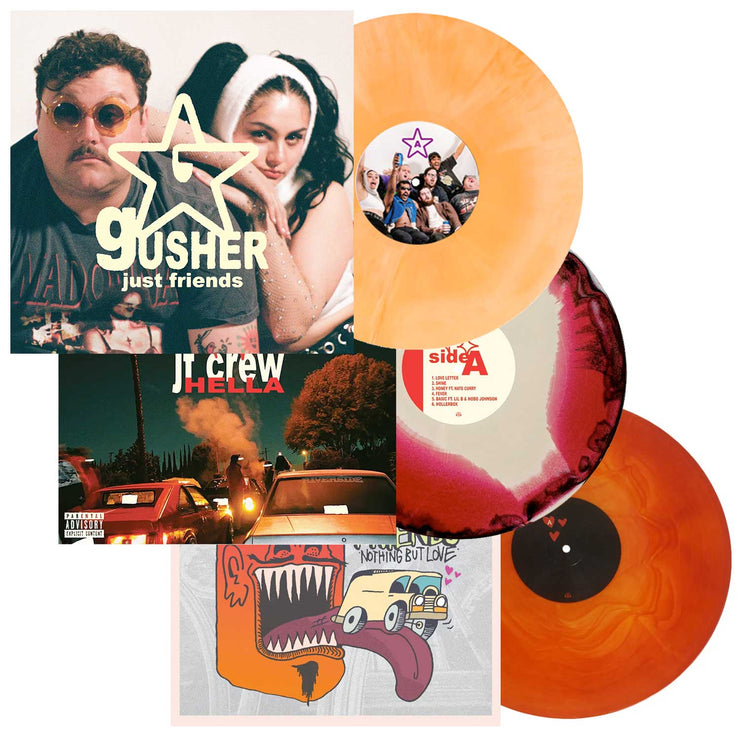 Just Friends Vinyl Collection bundle including Gusher Orange, Bone & Galaxy. Hella Redish, Bone & Black Aside/Bside. and Nothing But Love Oxblood and Yellow Mix. 