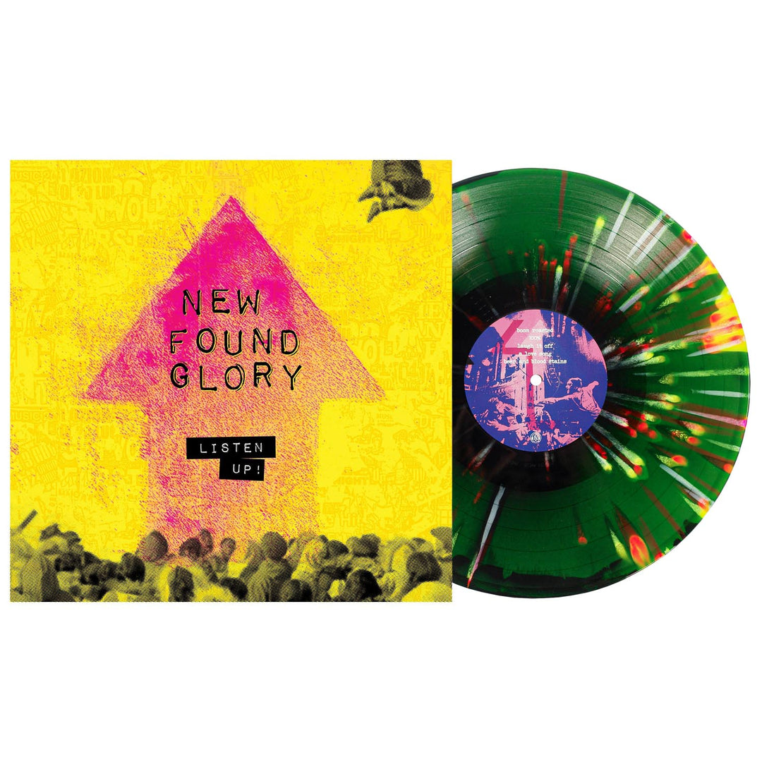 A New Found Glory album cover with a bold pink arrow on yellow and "New Found Glory Listen Up!" text beside a splatter vinyl LP in yellow, pink, and white, green and black