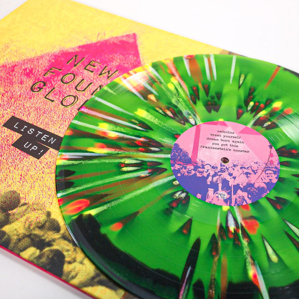 A New Found Glory album cover with a bold pink arrow on yellow and "New Found Glory Listen Up!" text beside a splatter vinyl LP in yellow, pink, and white, green and black