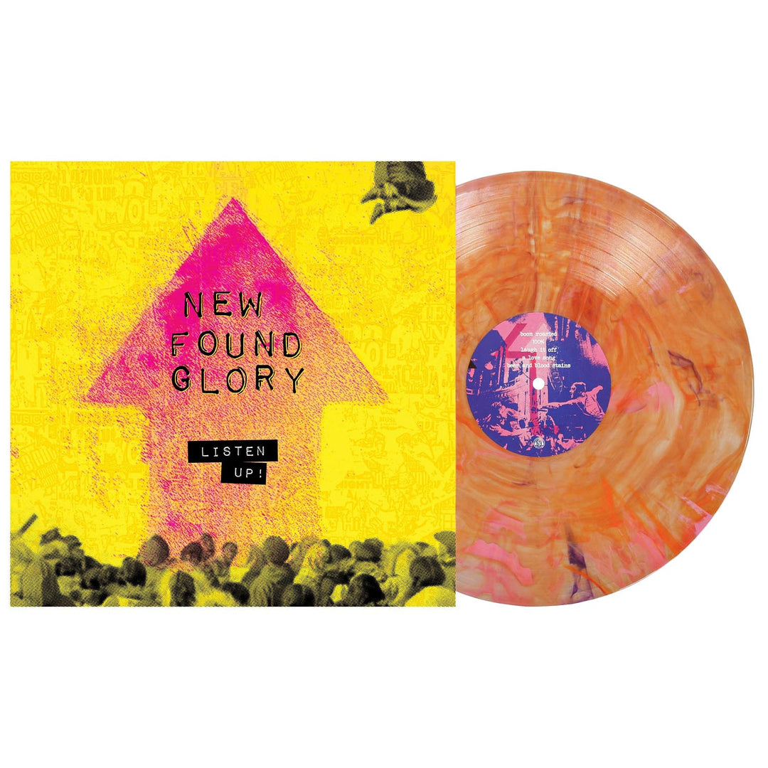 New Found Glory’s Tropical Sunset Deluxe Marble Vinyl features a vibrant marbled orange-and-yellow design next to its bold album cover with a pink arrow on yellow. 