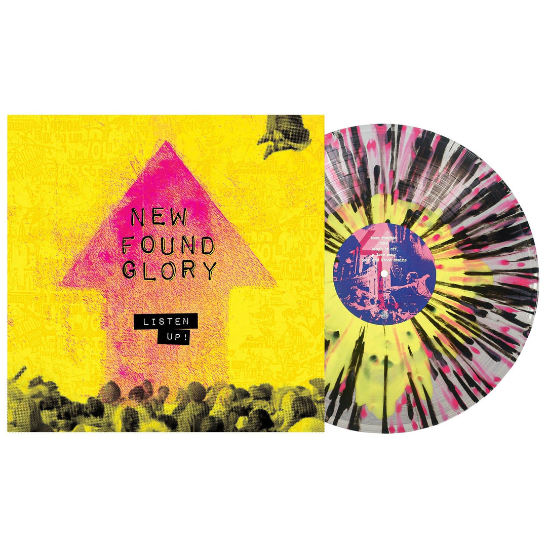 A black and pink splatter vinyl LP sits next to a yellow album cover with a pink arrow and "New Found Glory - Listen Up!"