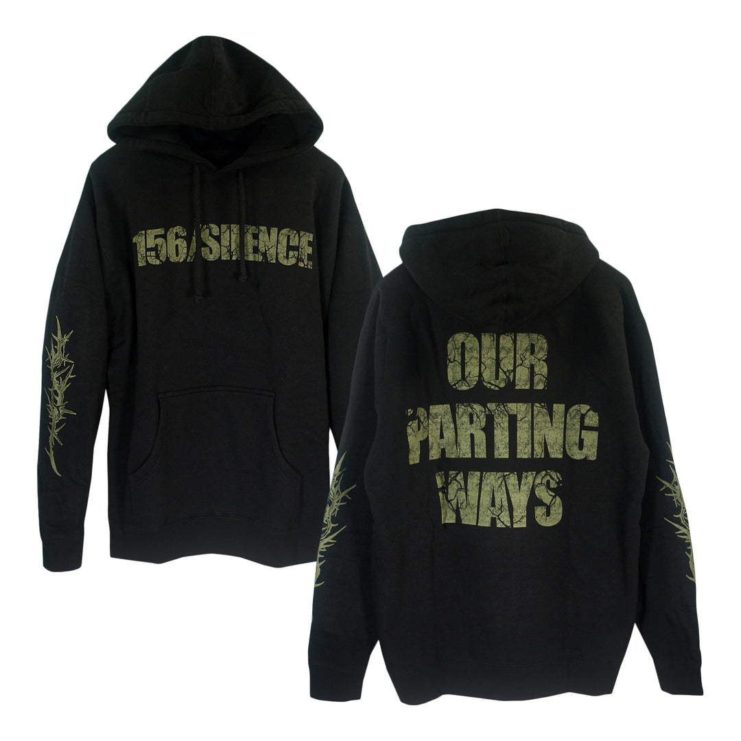 156/Silence Black Heavyweight Pullover Hoodie with yellow-green distressed "156/SILENCE" on front, "OUR PARTING WAYS" on back, and thorn-like barbed wire sleeve graphics. Made from ring-spun cotton with fleece-lined hood. Front and back views shown.
